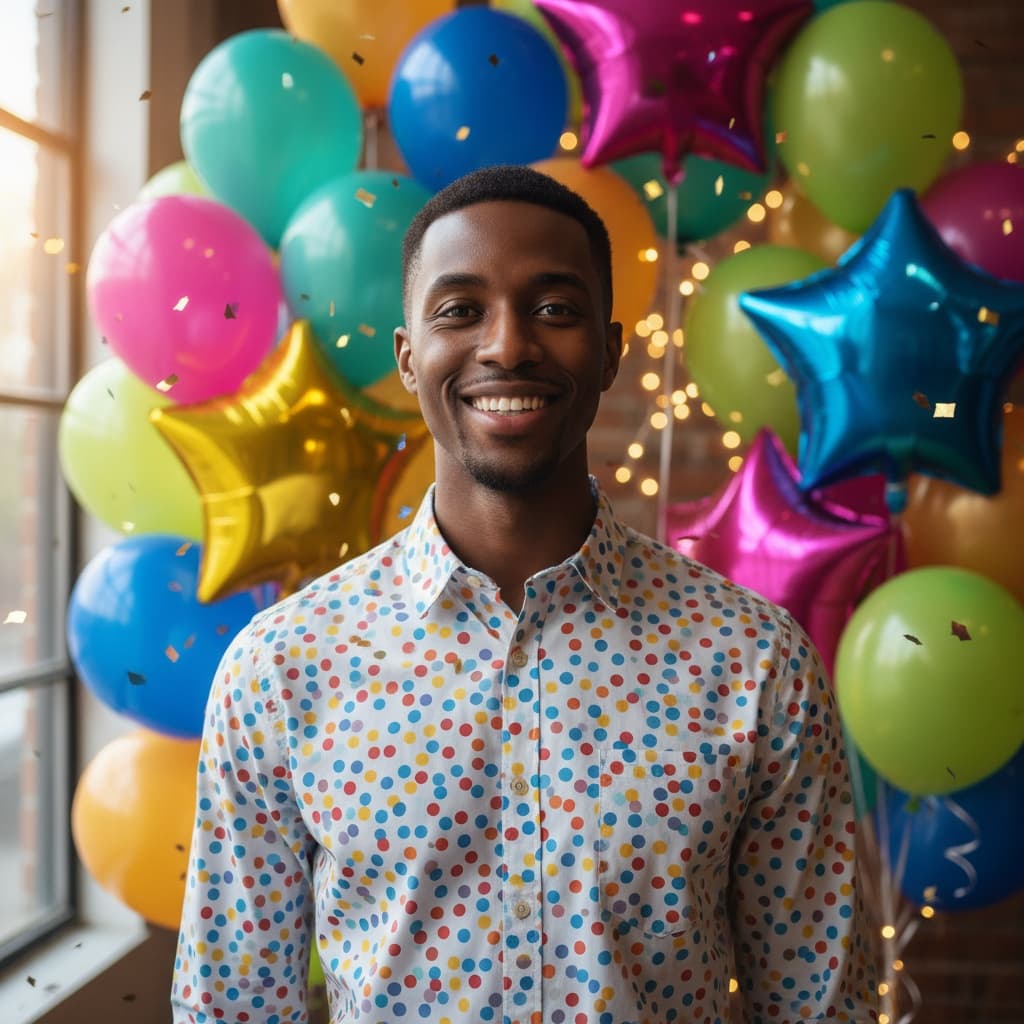 petite black man colorful balloons portrait 82156286