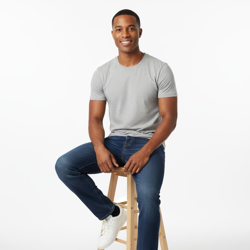 petite black man sitting pose studio 14950264