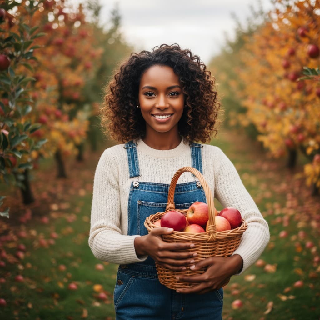 petite black woman apple orchard harvest 90275375