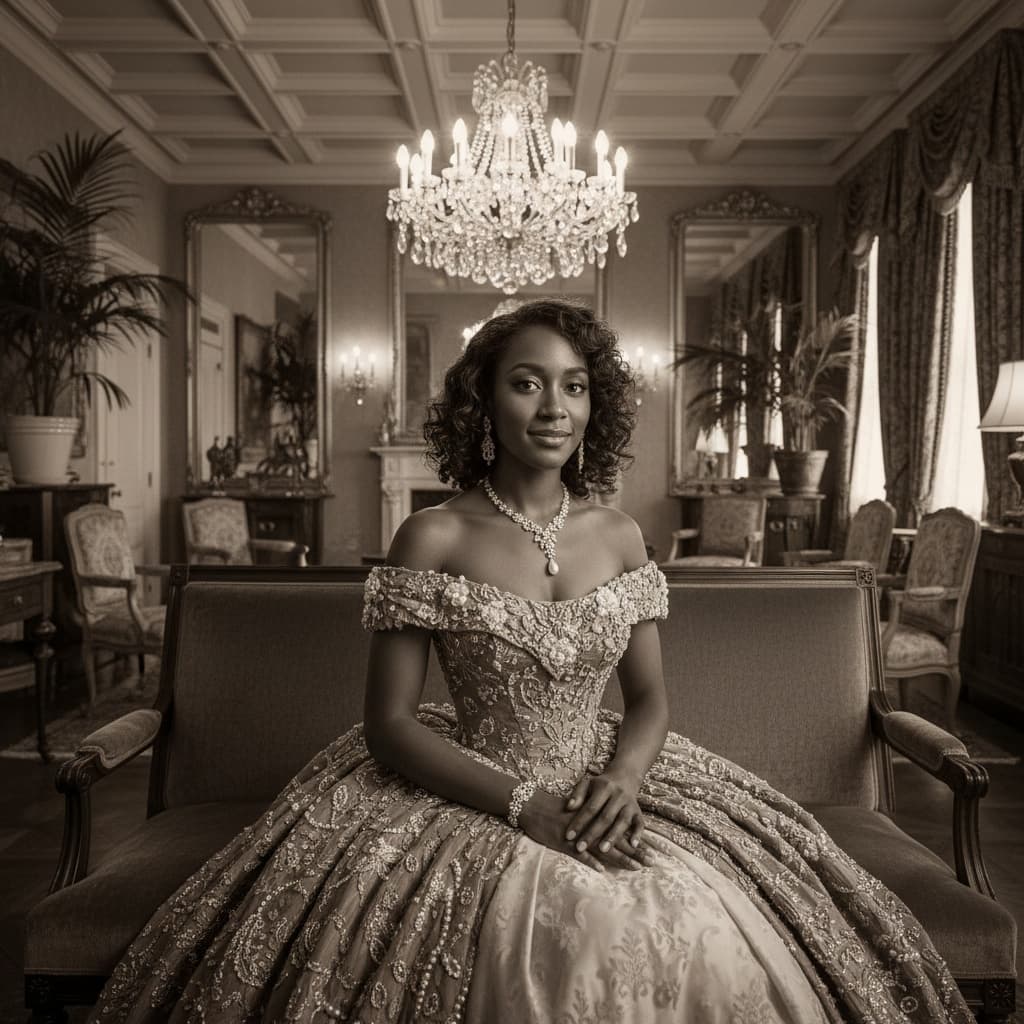 petite black woman aristocratic manor setting 19859422