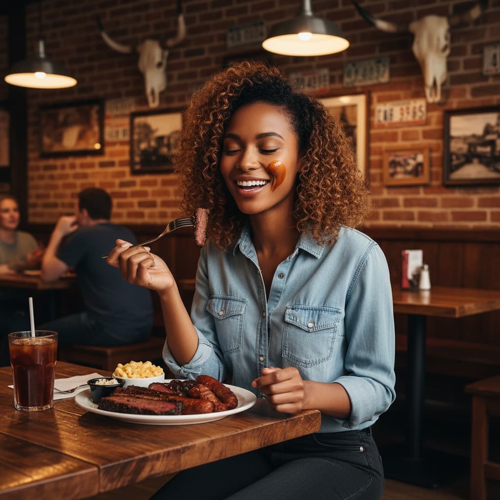 petite black woman barbecue restaurant scene 44165939
