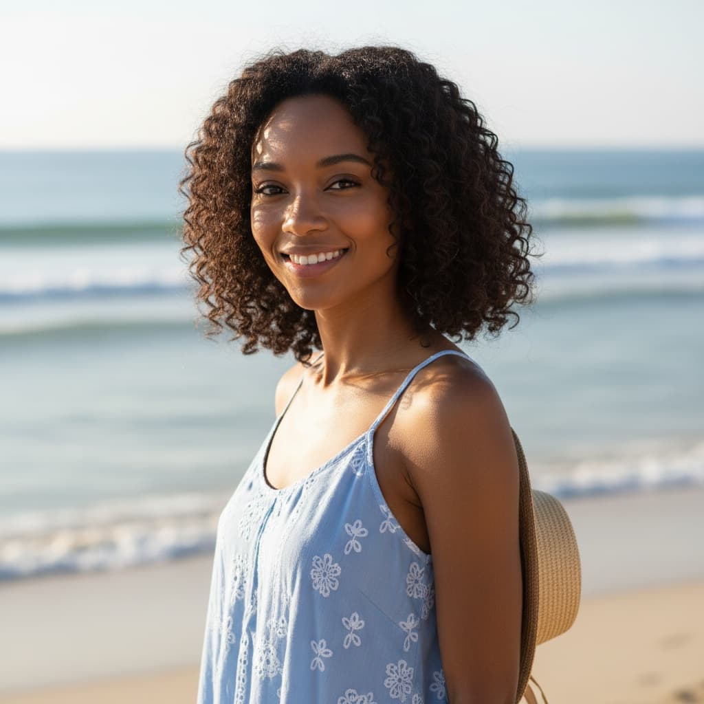 petite black woman beach casual relaxed 77109667