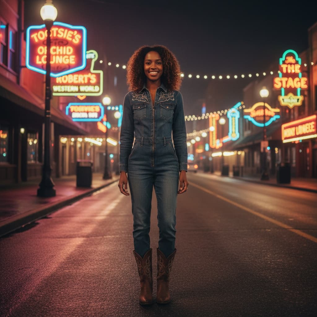 petite black woman broadway neon signs night 10854881