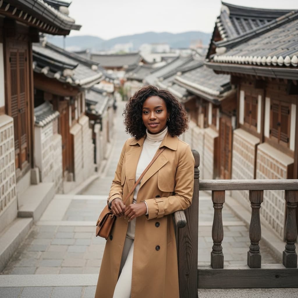 petite black woman bukchon hanok stairs portrait 11495116