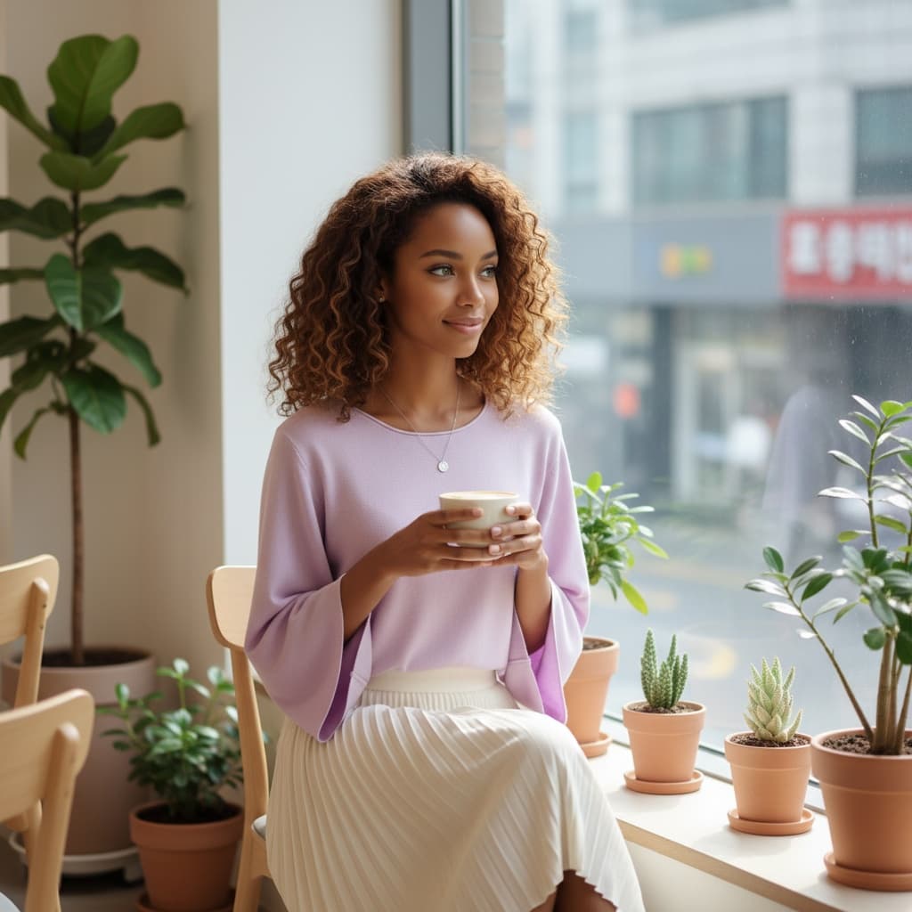 petite black woman cafe window korean aesthetic 70299752