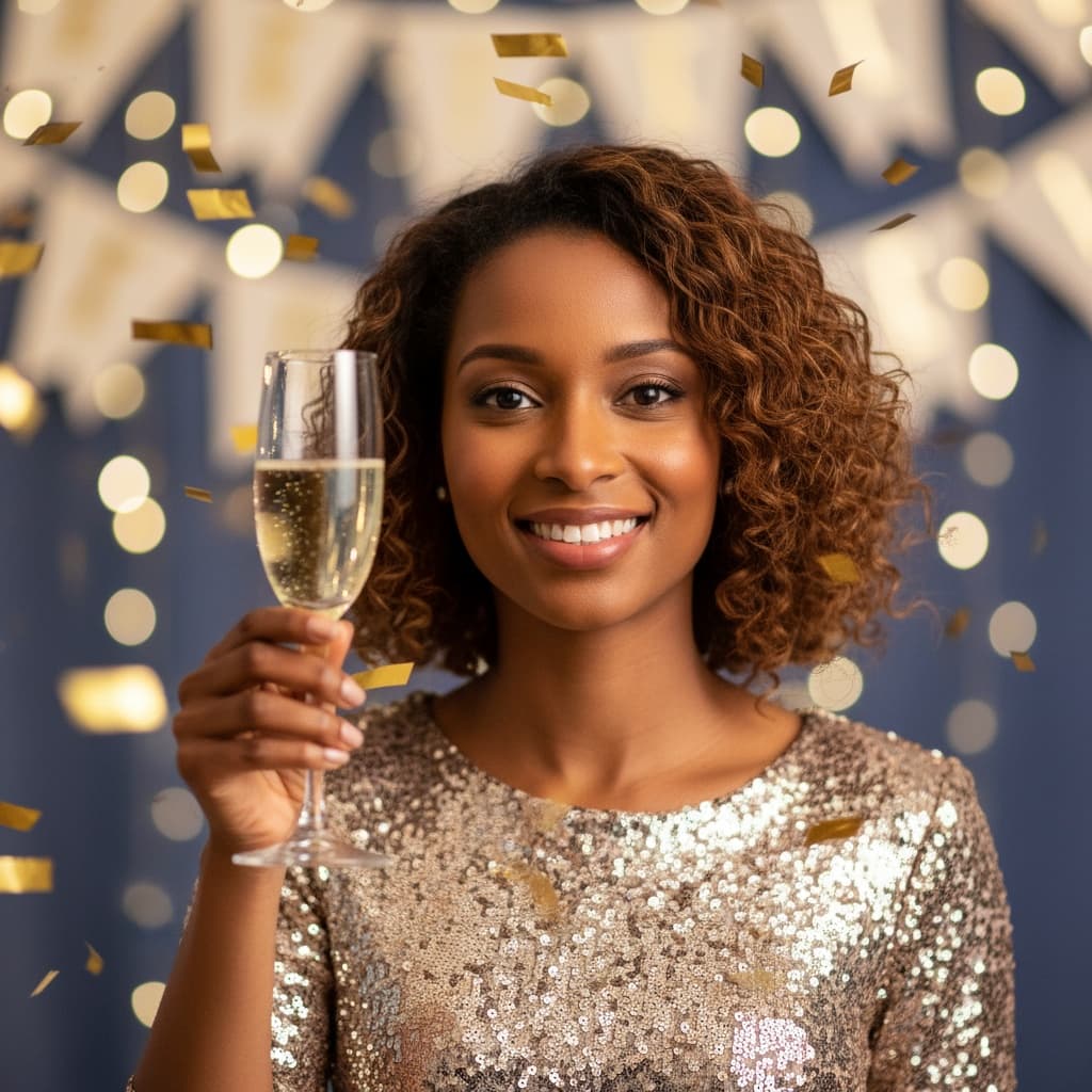 petite black woman champagne toast celebration 66848857