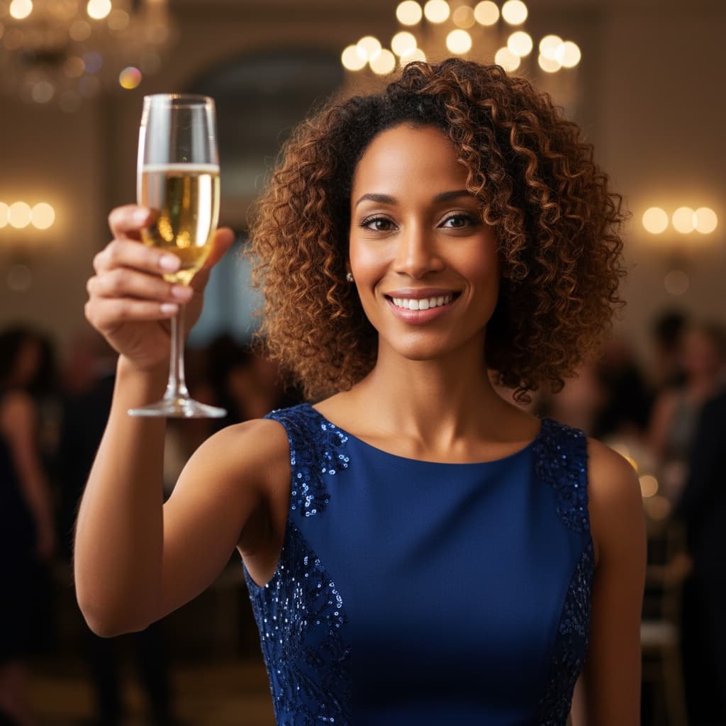 petite black woman champagne toast moment 33595632
