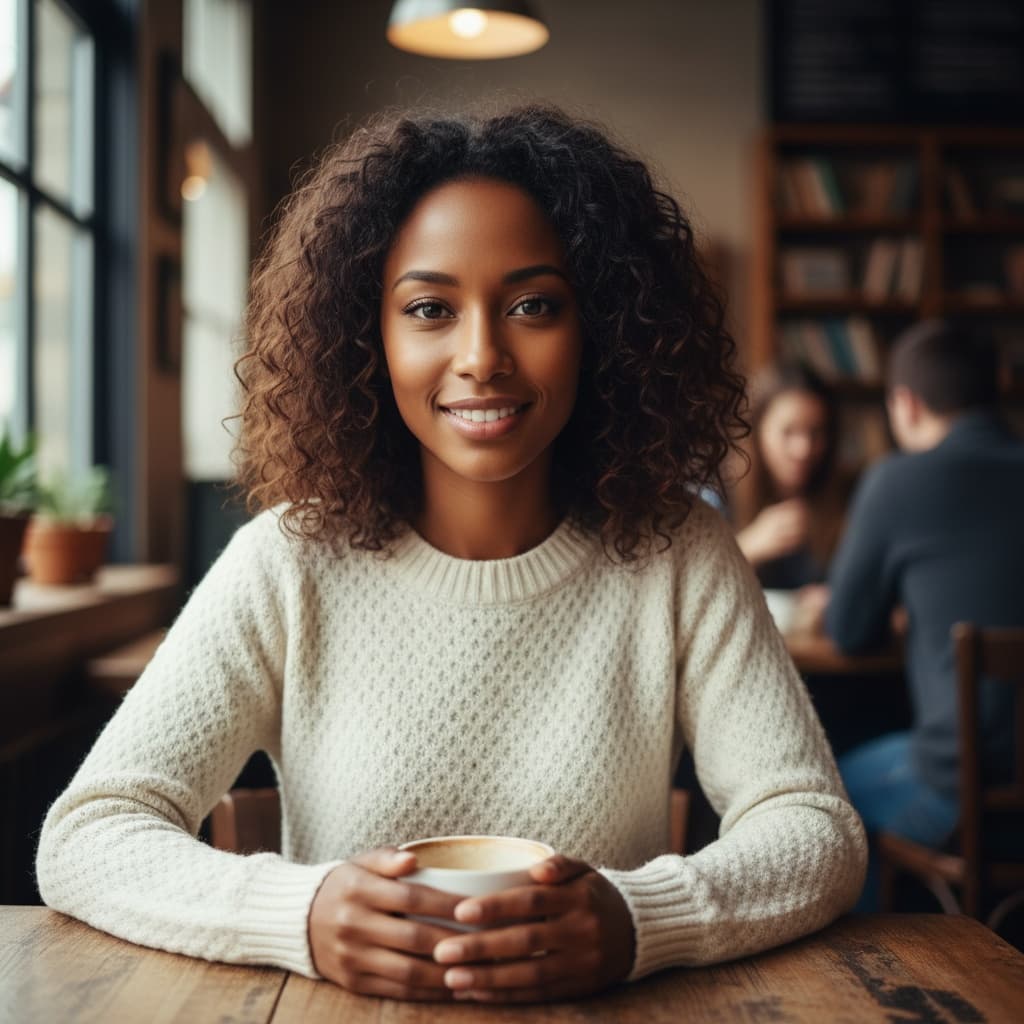 petite black woman coffee shop casual smile 13070761