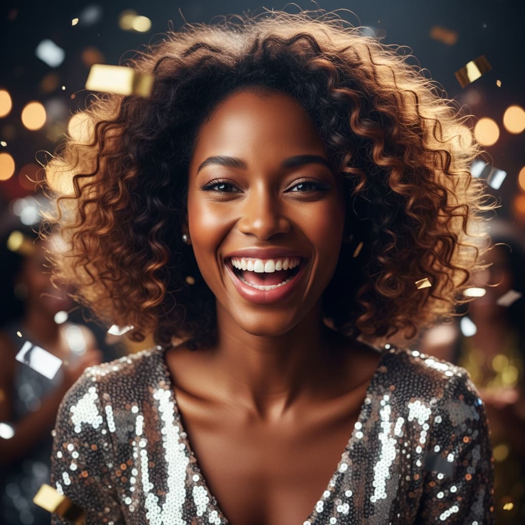 petite black woman confetti moment close up 92527810
