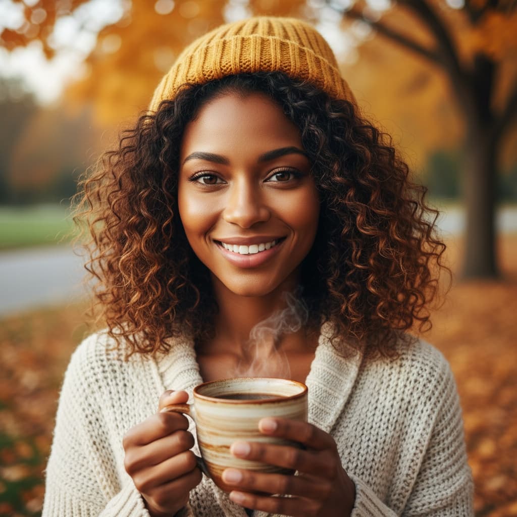 petite black woman cozy coffee fall portrait 89384104