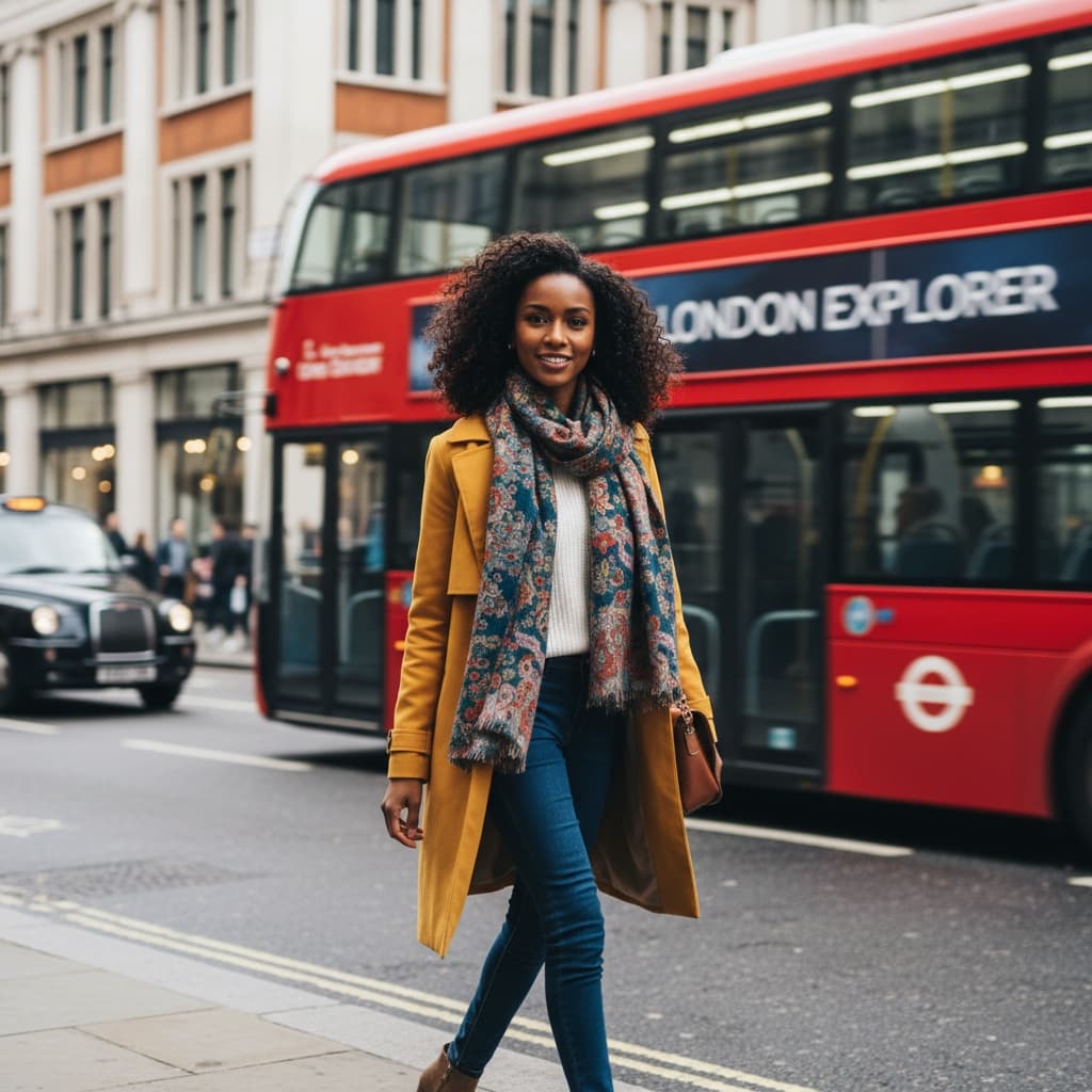 petite black woman double decker bus street 87766349