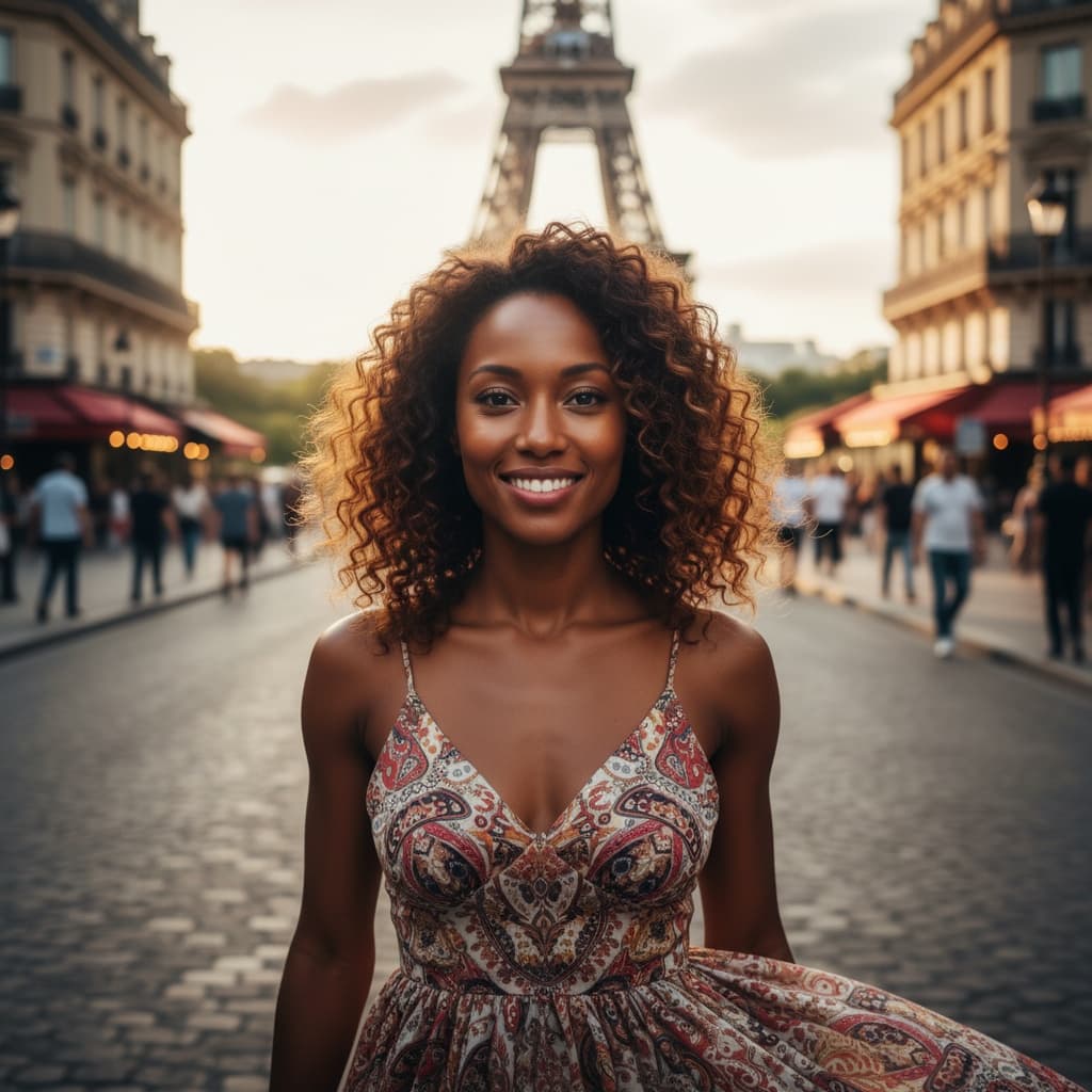 petite black woman eiffel tower sunset portrait 72182295