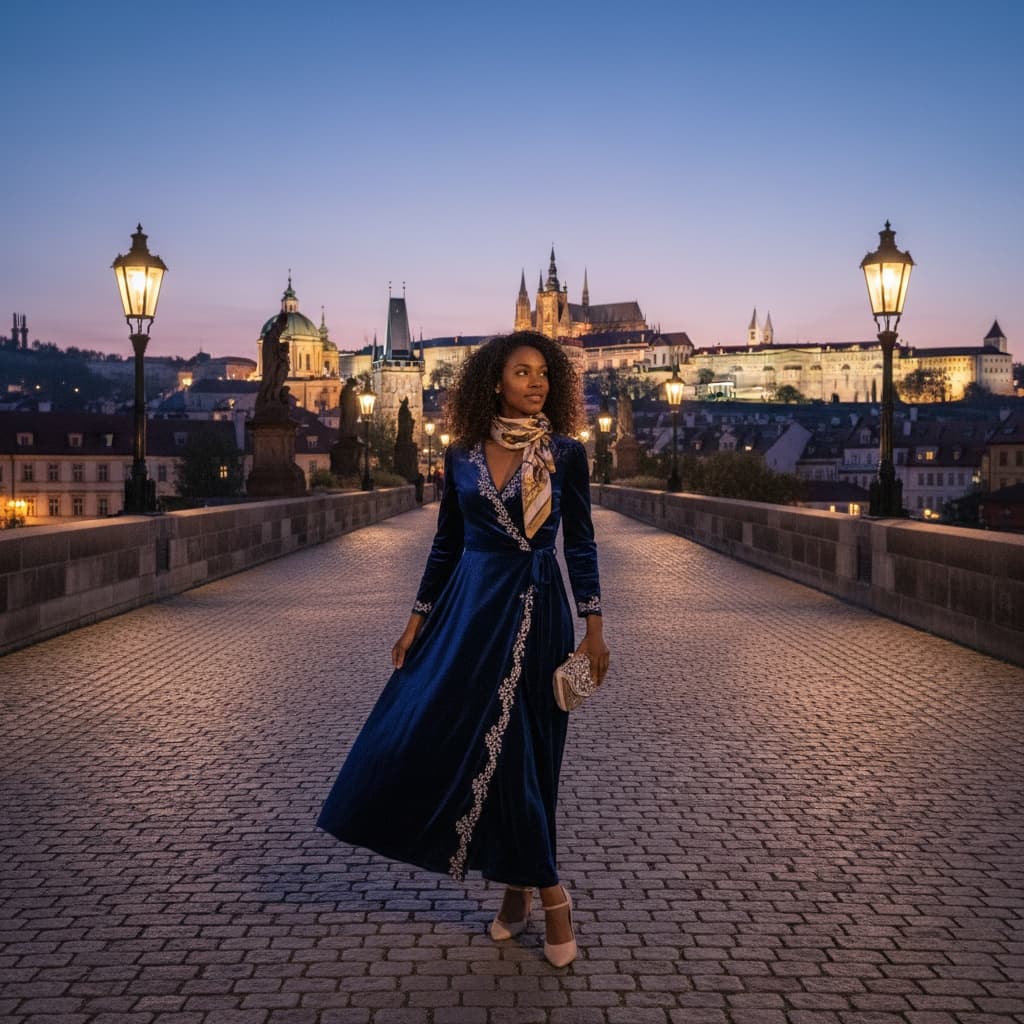 petite black woman evening illuminated bridge 96592470