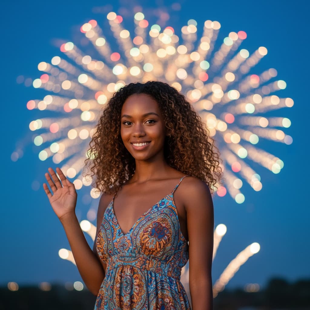 petite black woman fireworks celebration portrait 96386696