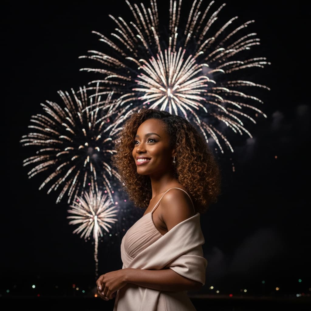 petite black woman fireworks outdoor backdrop 80144881