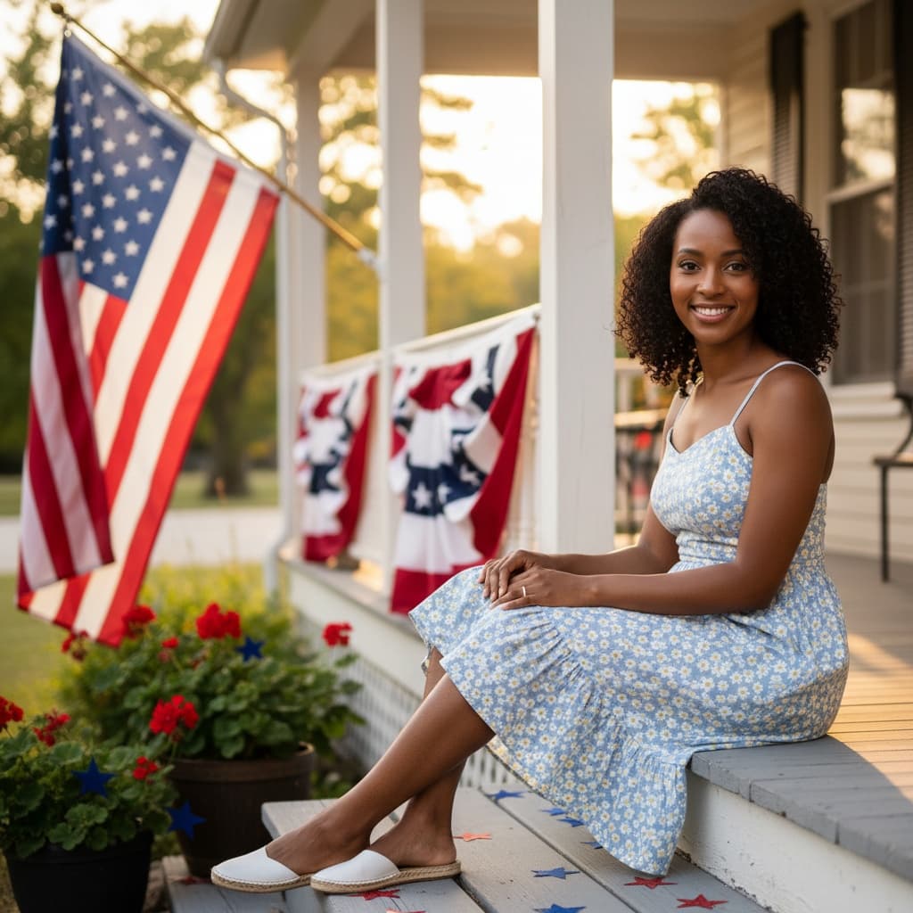 petite black woman front porch americana 99356956