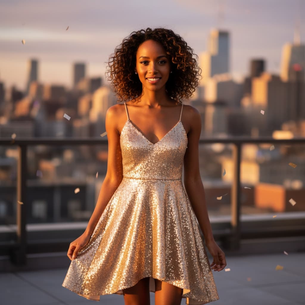petite black woman golden hour rooftop celebration 84524102