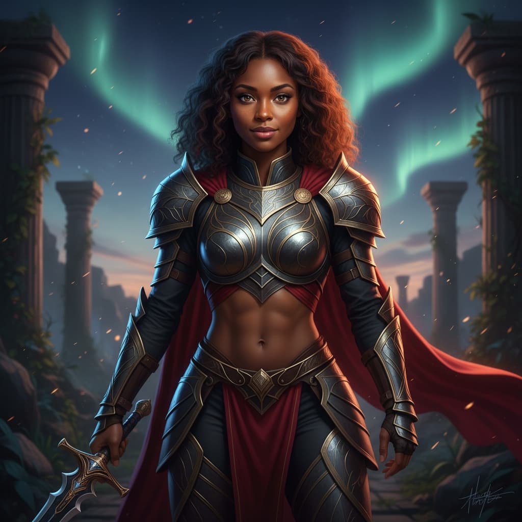 petite black woman heroic pose dramatic lighting 50089888