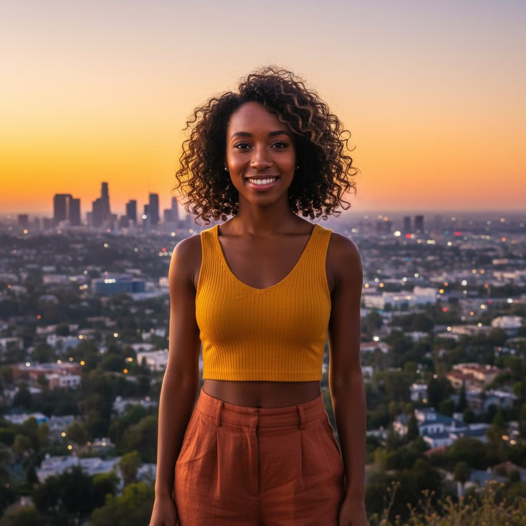 petite black woman hollywood hills overlook sunset 53332979