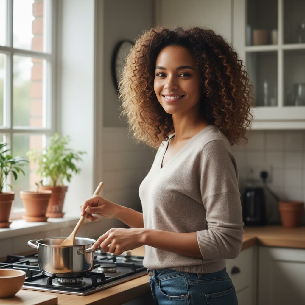 petite black woman home kitchen warm inviting 68023050
