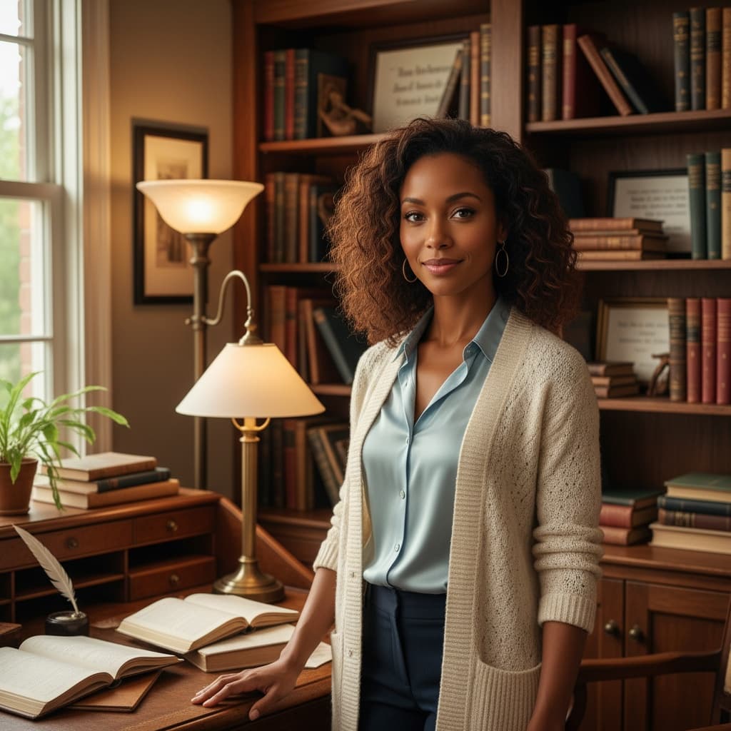 petite black woman home office bookshelves 84210120