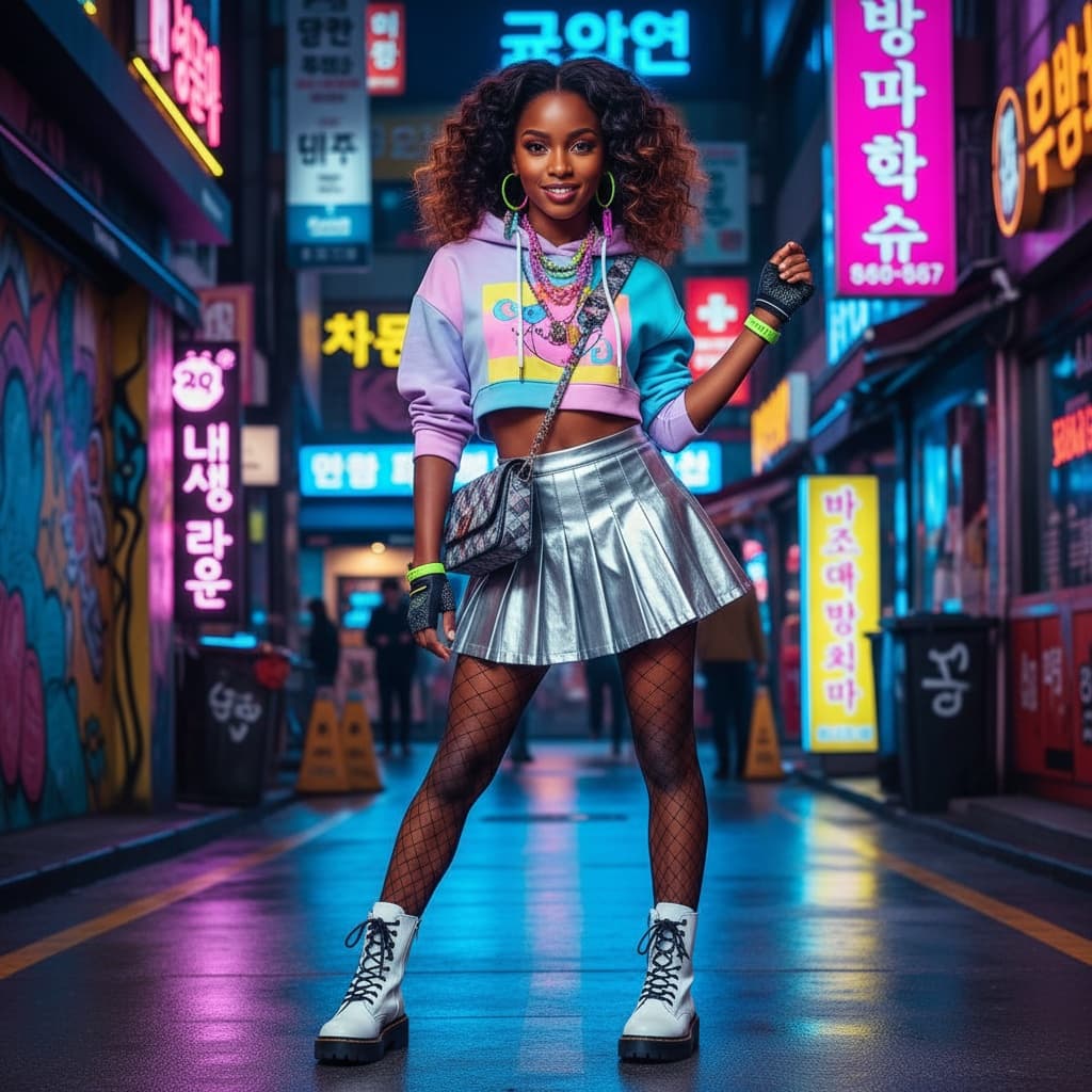 petite black woman kpop inspired colorful backdrop 54066501