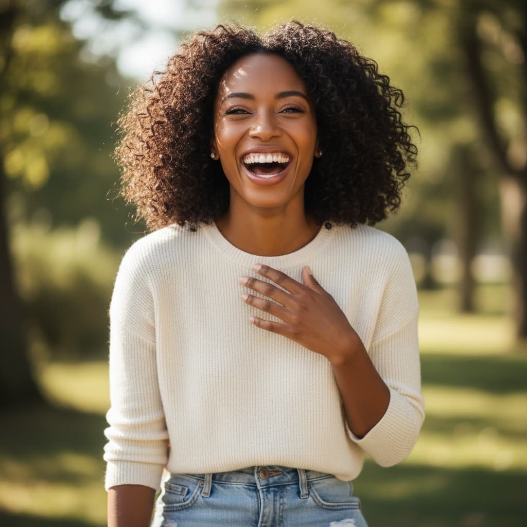 petite black woman laughing candid moment 87476590