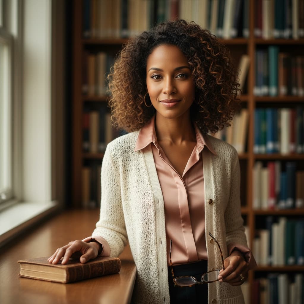 petite black woman library bookshelf portrait 19682648