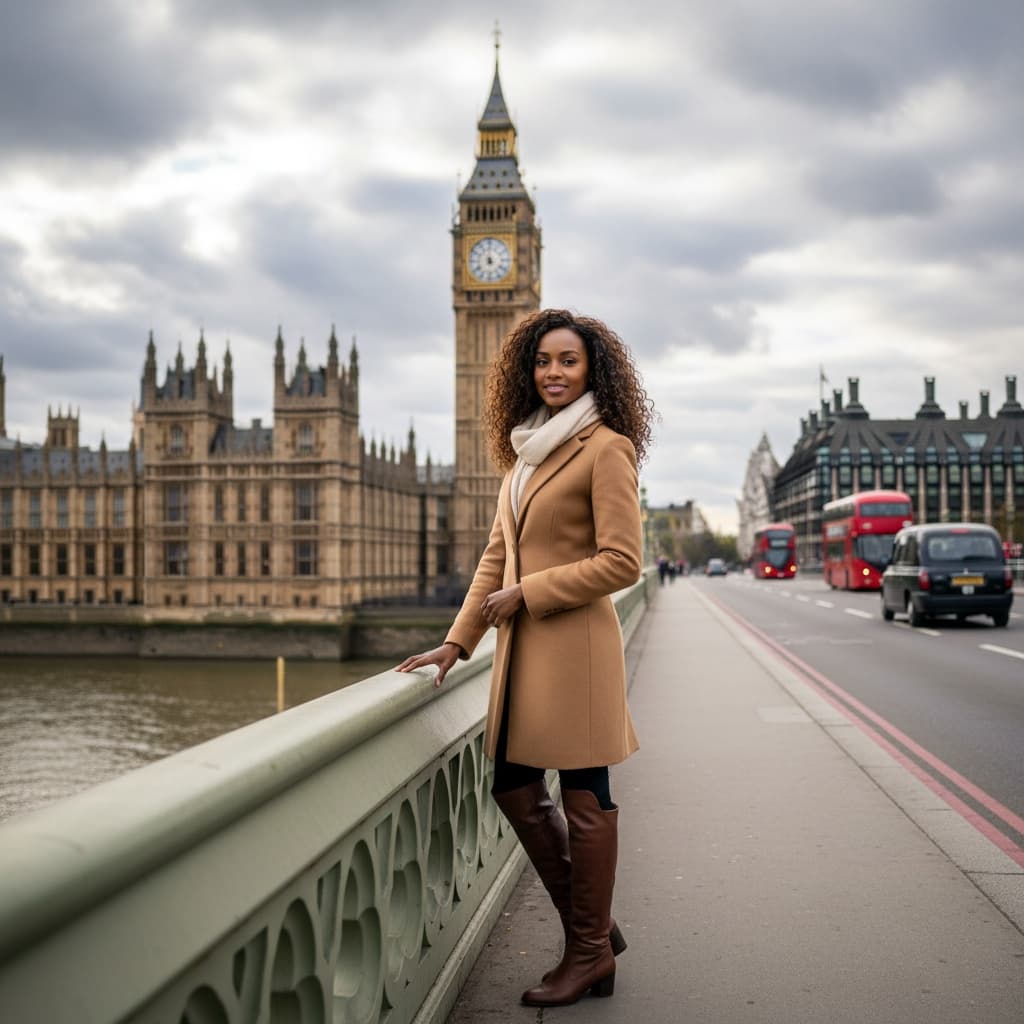 petite black woman london big ben portrait 96870394