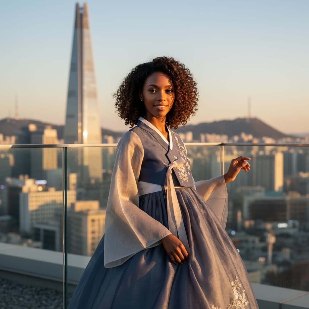 petite black woman lotte tower skyline rooftop 29861083
