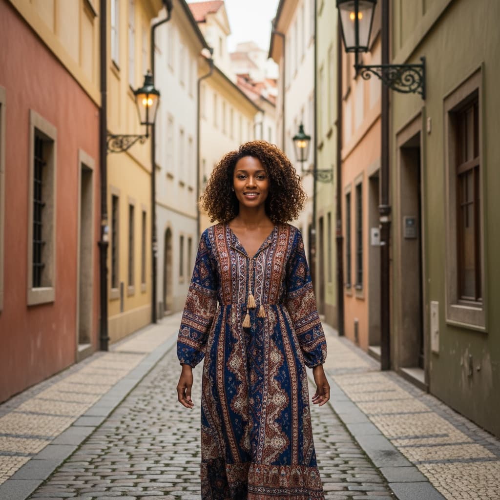 petite black woman narrow medieval alley 95410170