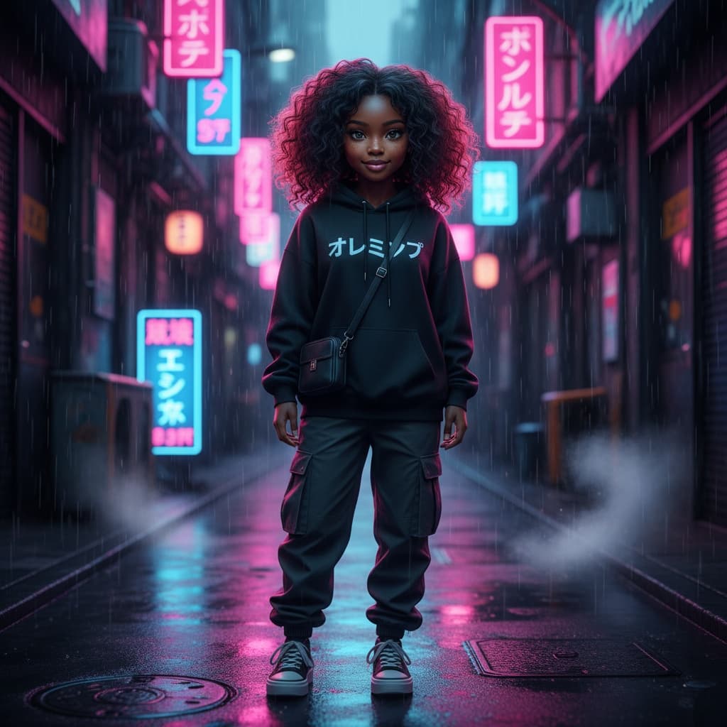 petite black woman neon lit alley portrait 77990467