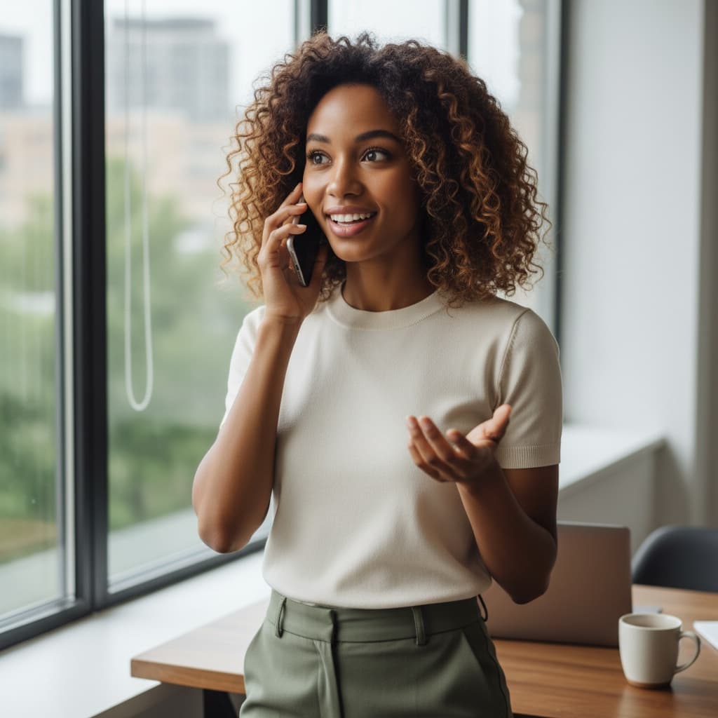 petite black woman phone call business moment 18401551