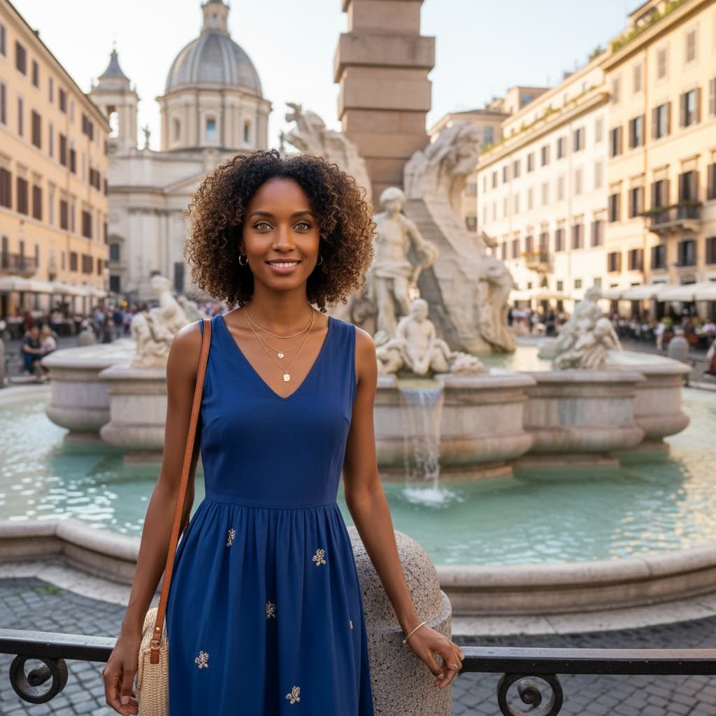 petite black woman piazza navona fountain 51472520