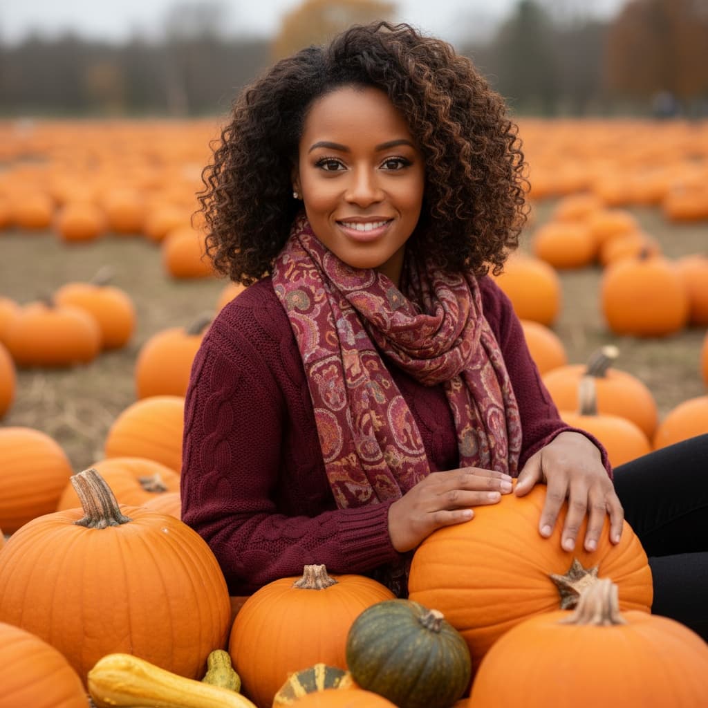 petite black woman pumpkin patch portrait 71105412