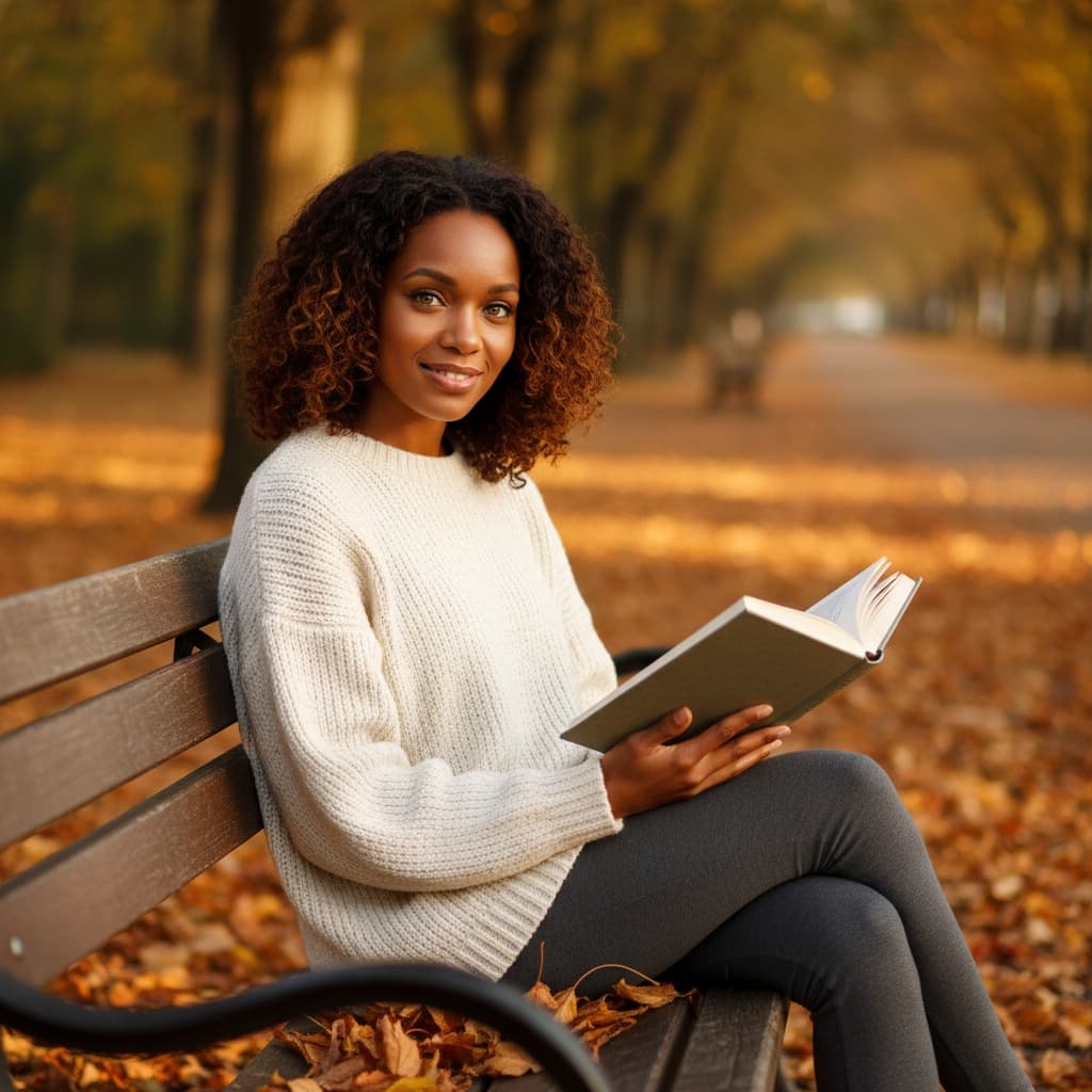 petite black woman reading book fall bench 62872522
