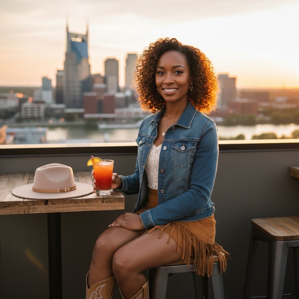 petite black woman rooftop bar skyline view 88285856