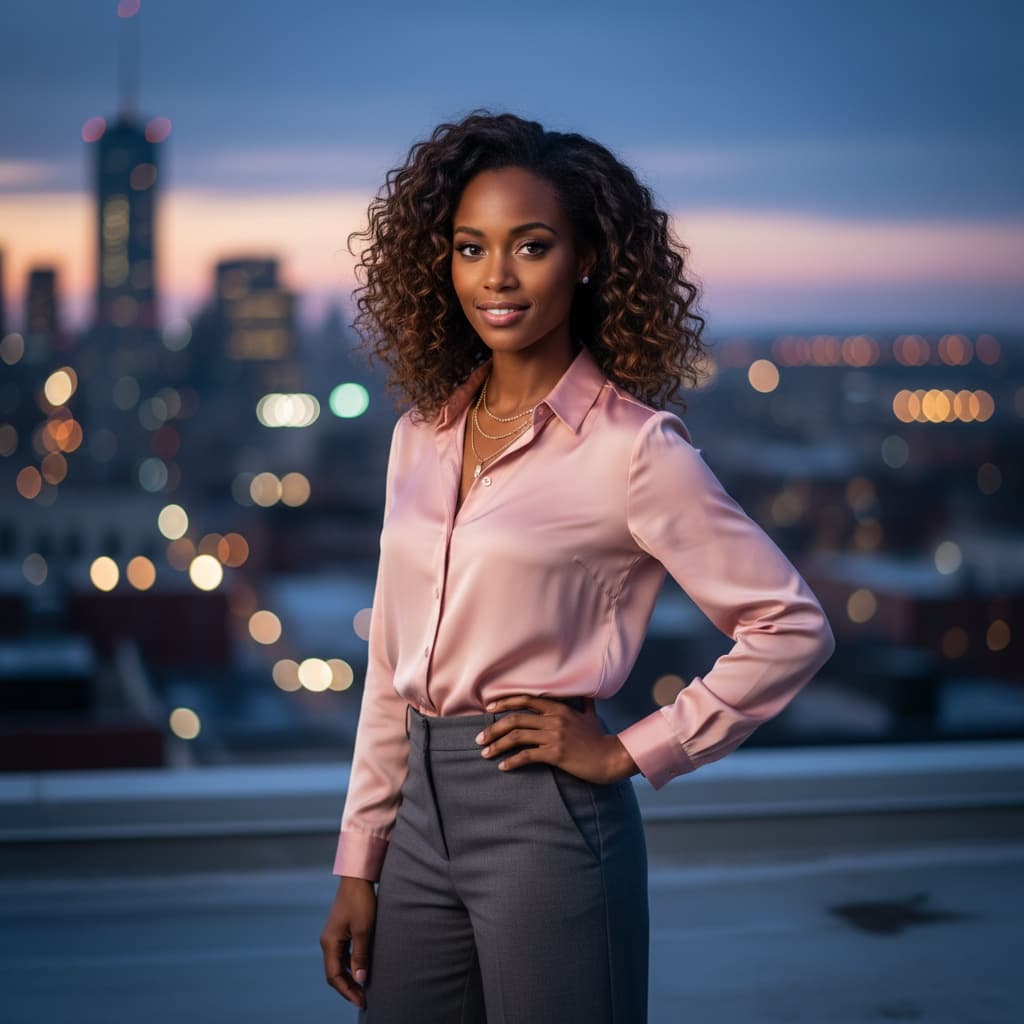 petite black woman rooftop city skyline evening 33081633