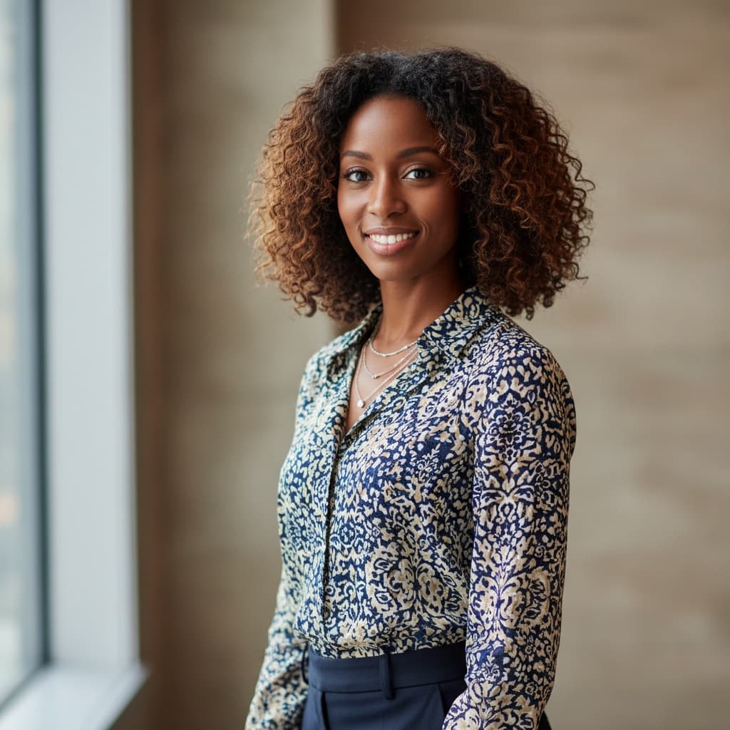 petite black woman smart casual portrait 63980988