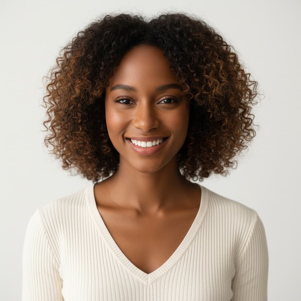 petite black woman smiling commercial friendly 86724641