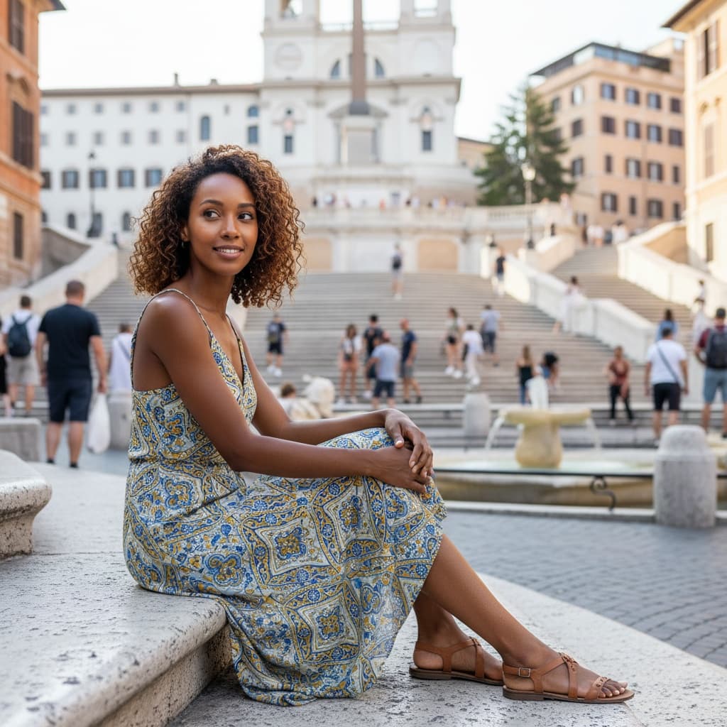 petite black woman spanish steps seated 56098508