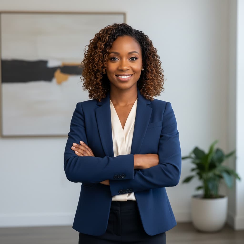 petite black woman standing arms crossed confidence 55191265
