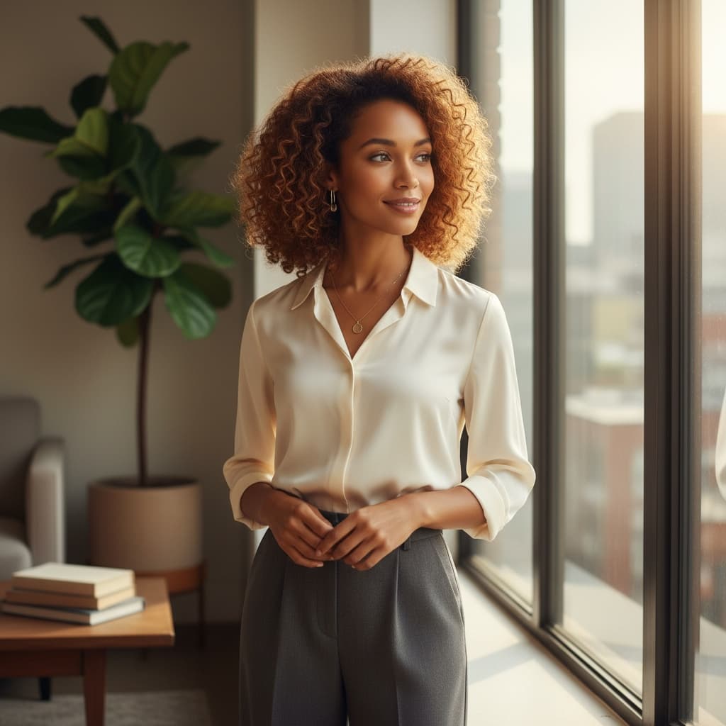 petite black woman standing by window contemplative 61233228