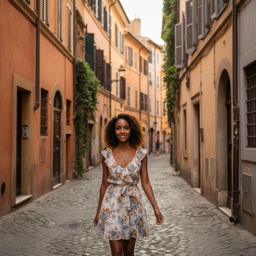 petite black woman trastevere cobblestone street 53717423