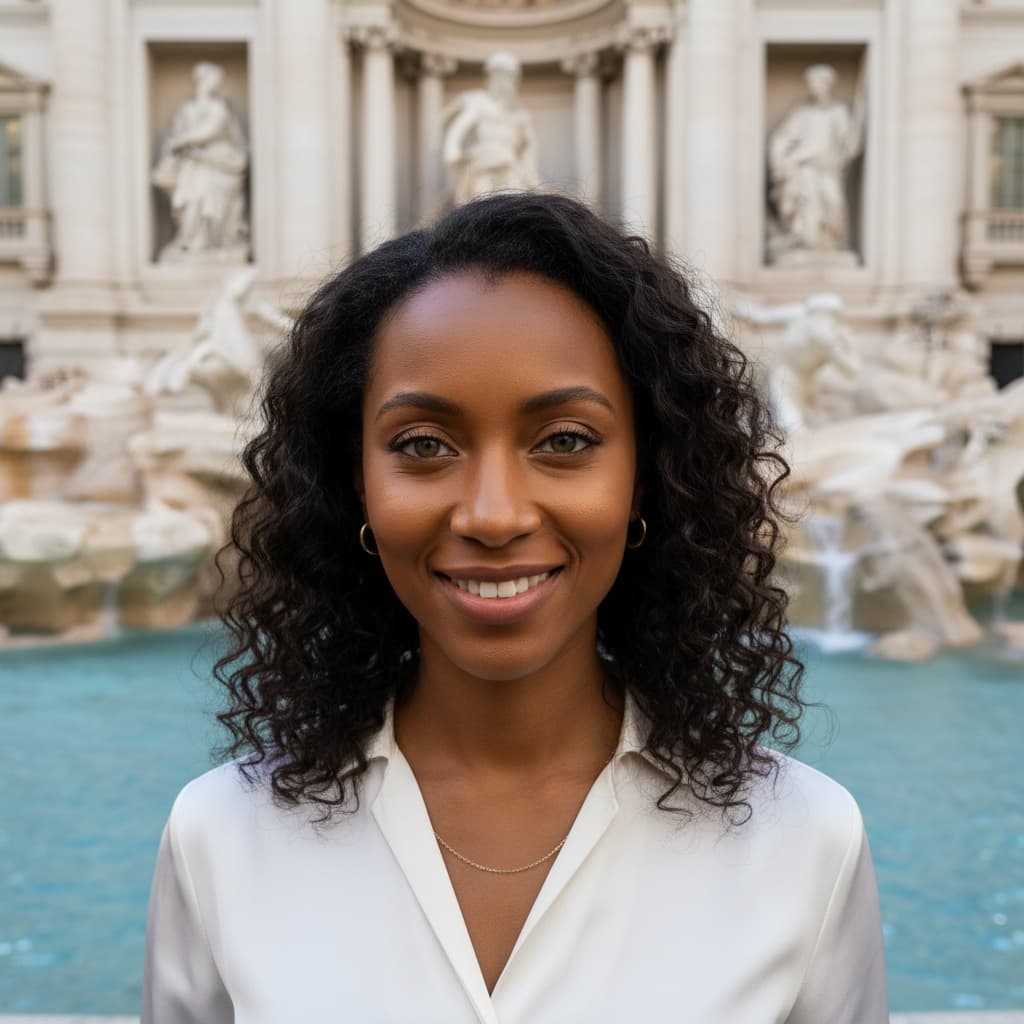 petite black woman trevi fountain close up 32042188