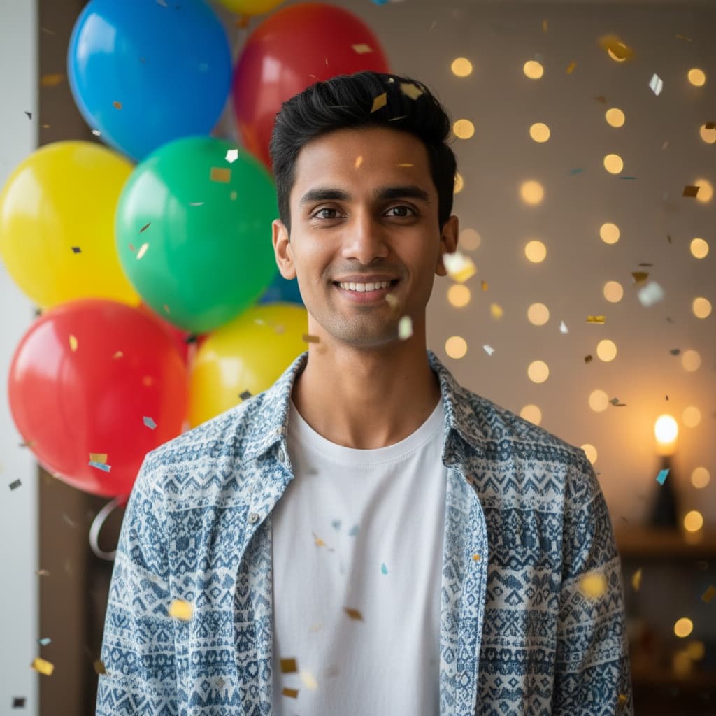 petite indian man colorful balloons portrait 43210423