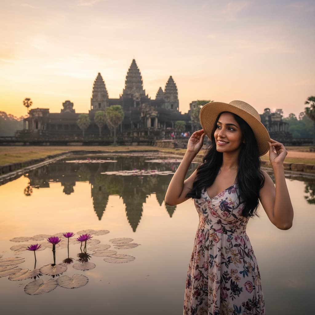 petite indian woman angkor wat reflection pool 62334987