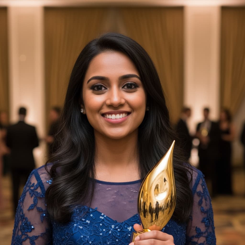 petite indian woman backstage trophy closeup 91183299