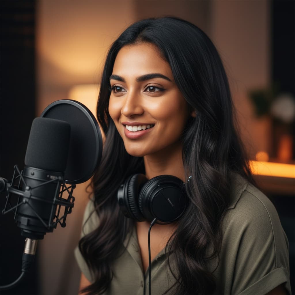 petite indian woman behind microphone recording 72917073
