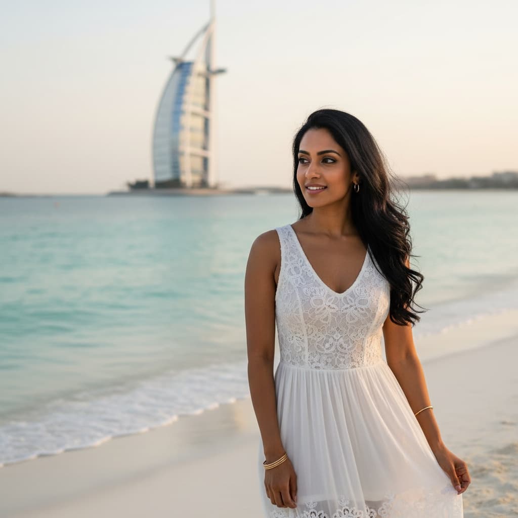petite indian woman burj al arab beachfront 72899781